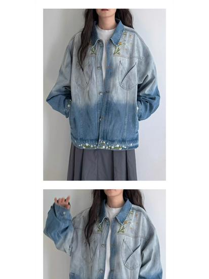 Unisex Retro Floral Embroidered Gradient Denim Jacket