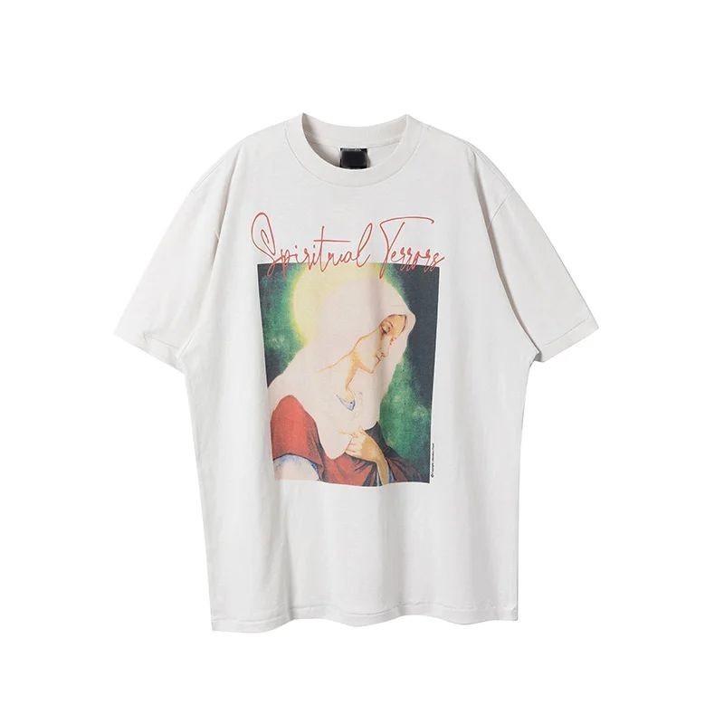 Weiße Serie Heiligenporträt Briefmuster Bedrucktes Kurzarm American Casual Lockeres Baumwoll-T-Shirt für Herren Damen mit Aufdruck