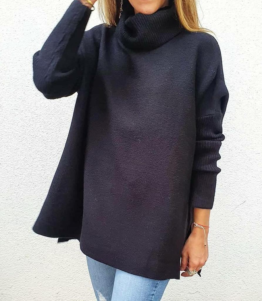 2024 Damen Hochhals Oversized Mittellanger Fledermausärmel Pullover mit Schlitzsaum und Taillengürtel