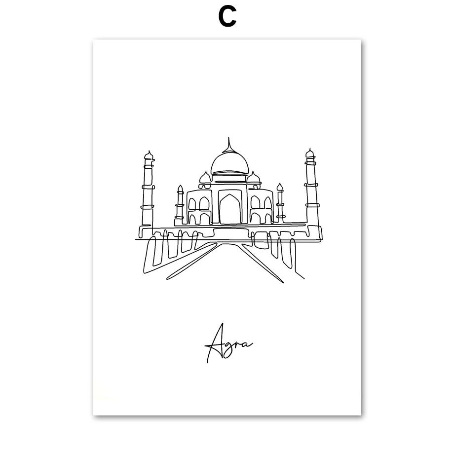 Taj Mahal Statue Of Liberty Milan Cathedral Line Wall Art Prints Canvas Painting Nordic Poster Decor Pictures For Living Room