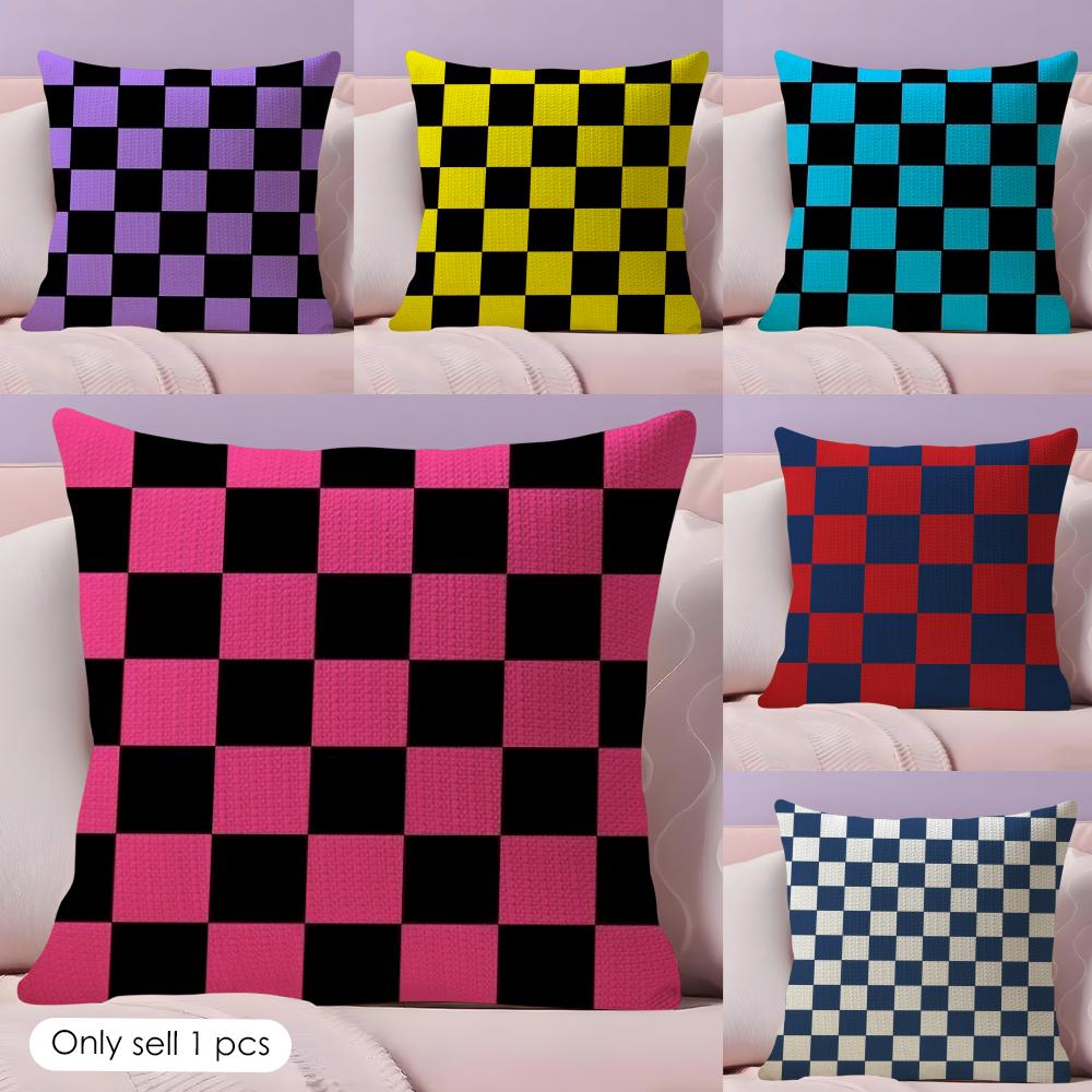 Classic Checkered Square Cushion Cover Natural Linen Organic Fabric DoubleSided Printing Couch Pillow Covers Home Decor