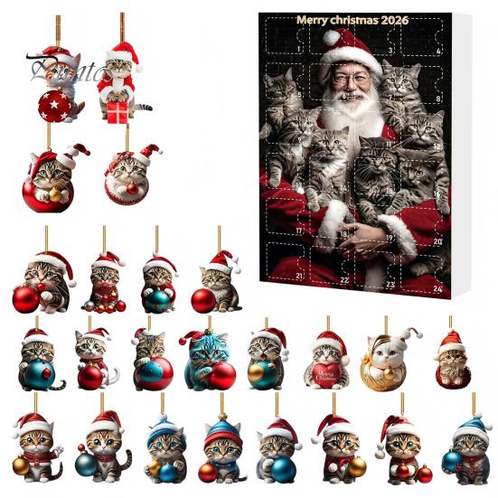 Christmas Advent Calendar Cat Calendar, 24 Days Countdown Cute 2D Kitten Holiday Backpack Charm Accessory Ornaments for Party Tree Decor, Gifts Lovers