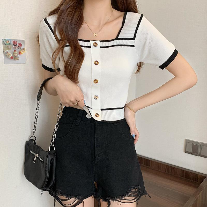 Spring and Summer Square Neck Backless Short-sleeved Slim Thin Color Collision Short Section Bottoming Knit Sweater Tops Women Casual Pullovers Tees
