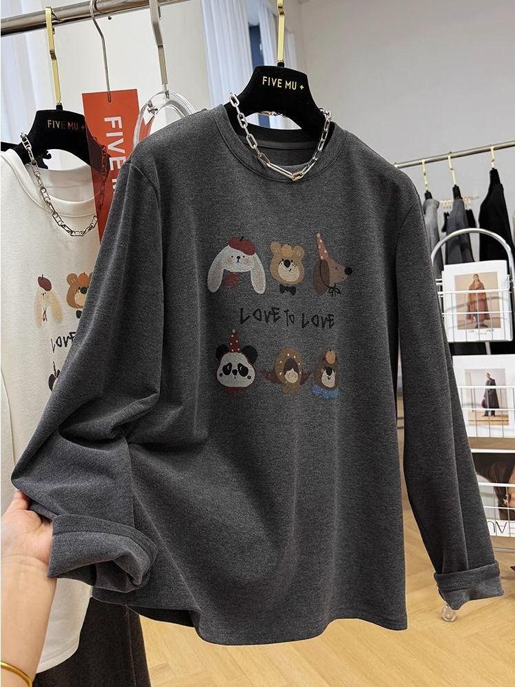 Women's Long Sleeve Top O Neck Casual Graphic Tee Loose Fit Cartoon Print Thermal Derun Fabric Winter Basic Shirt