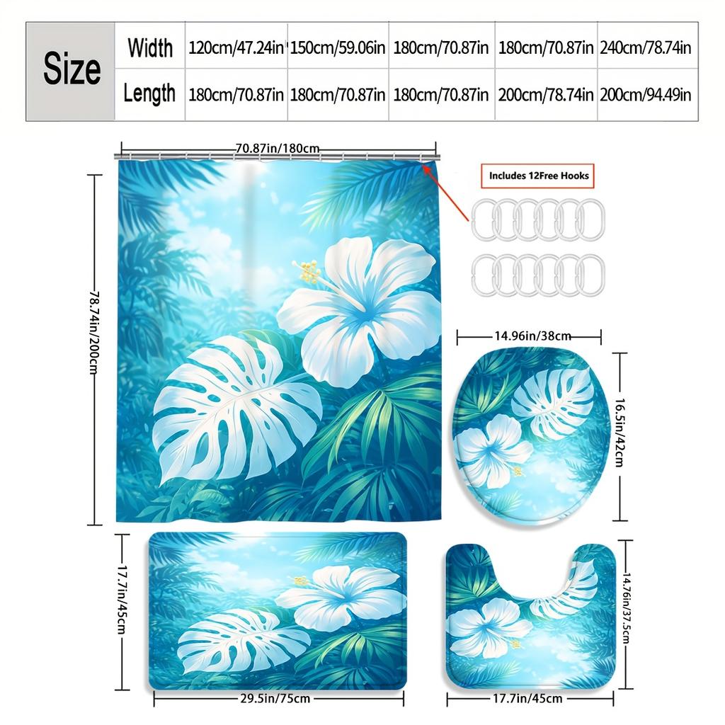 4Pcs Tropical Hibiscus Shower Curtain Set with Non-Slip Bath Mat, Toilet Lid Cover, Contour Rug & 12 Hooks, Bathroom Decor