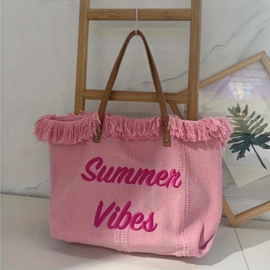 Bohemian Chic Embroidered Tote Bag - Stylish Letter Detail, Durable Canvas, Adjustable Shoulder Strap, Perfect for Womens Summer Beach Wear