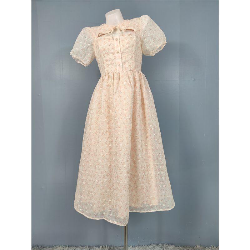 

European and American Station French style Romantic Temperament Pink Dark Pattern Short sleeve Design Girl Style Big Hemline Dress Waist Hugging Dress Pink S