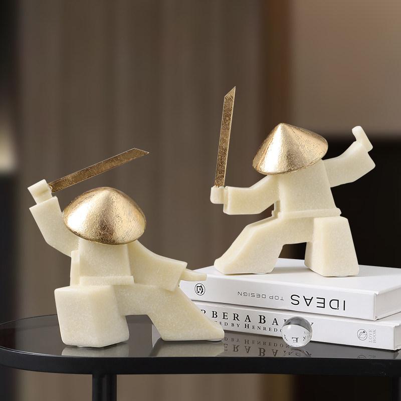 Cartoon Character Sculpture Samurai Swordsman Figure Figurine Resin Handicrafts Geometric Cartoon Figure Home Decoration