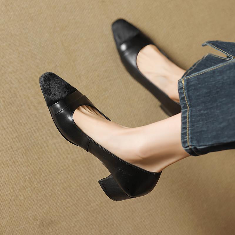 Fashion 2025 New Spring Women Pumps Square Toe Chunky Heel Genuine Leather Women Shoes Shallow Ladies Leopard Ladies Shoes