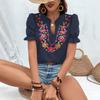 Damen Sommer Rüschen Kurzarm V-Ausschnitt Stickerei Lässig Pullover Bluse Hemd Top