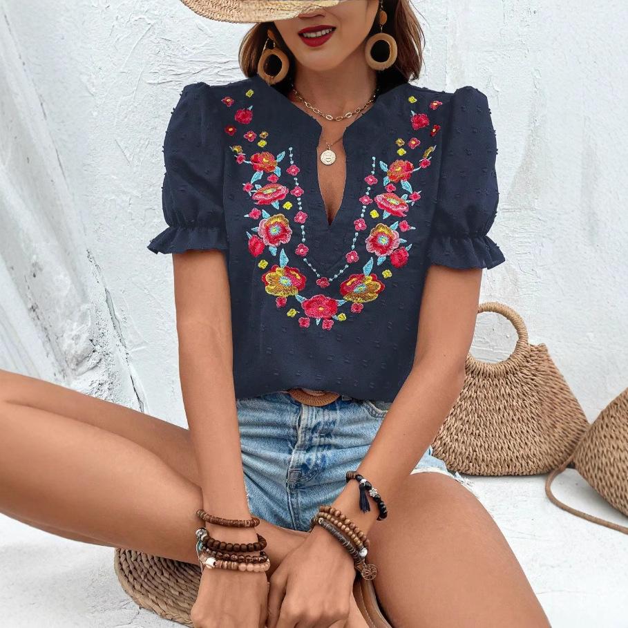 Ladies Summer Ruffles Short Sleeve V Neck Embroidery Casual Pullover Blouse Shirt Top
