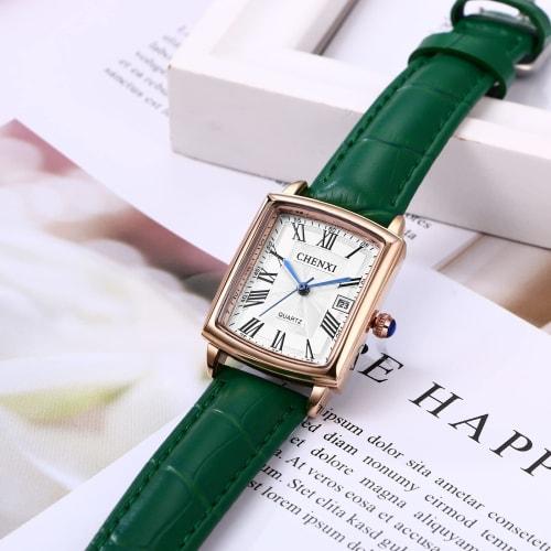 Women's Leather Strap Watch with Roman Alphabet, Analog Display, Calendar, 3ATM Water Resistance, Square Design, Popular Antique Style, Green, Busines