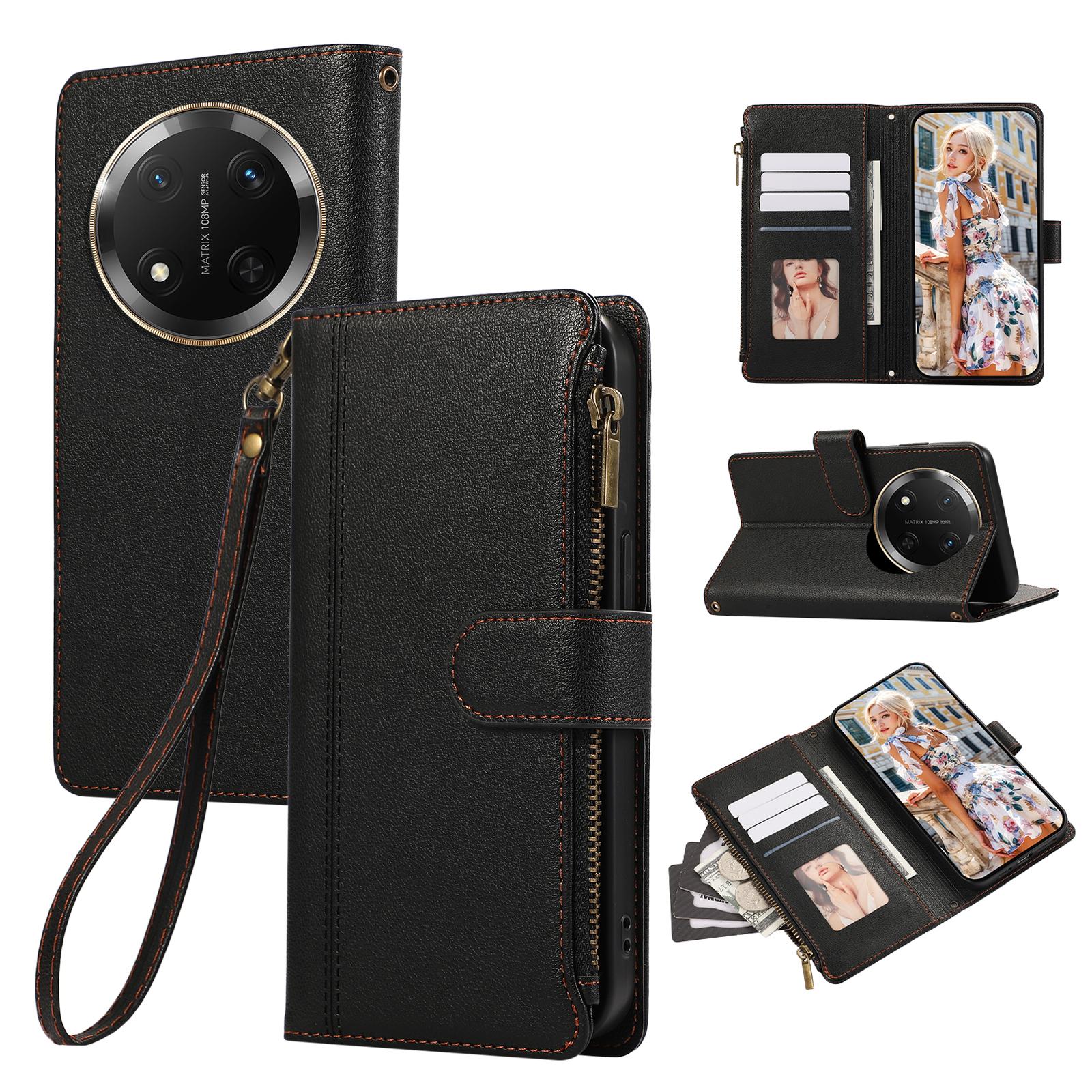 

For Honor X60 Pro 5G/X9c 5G/Magic7 Lite 5G Case Multi Card Slots Zipper Leather Phone Cover with Wrist Strap Black