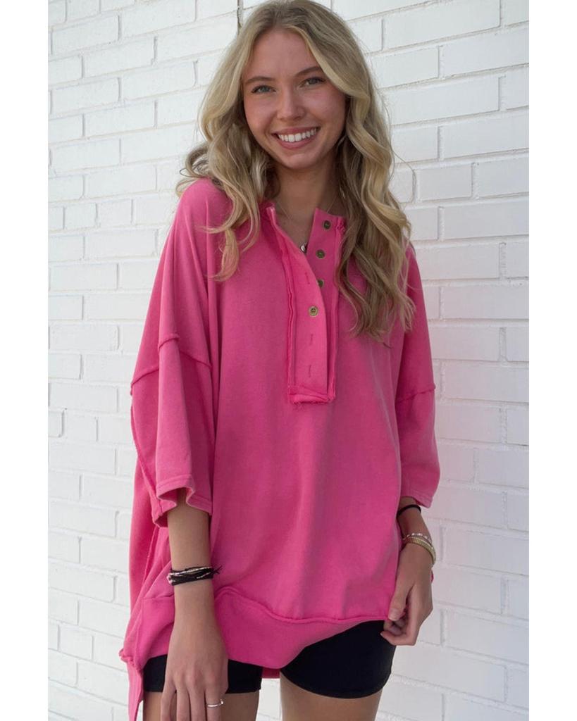 Azura Exchange Rose Red Exposed Seam Button Neck Wide Sleeve Tunic Top