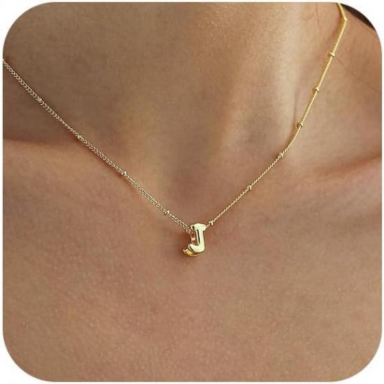 Bubble Letter Necklace Gold, Dainty Initial Necklaces for Women 14K Gold Plated Small A to Z Name Necklace Personalized Simple Initial Pendant Cute