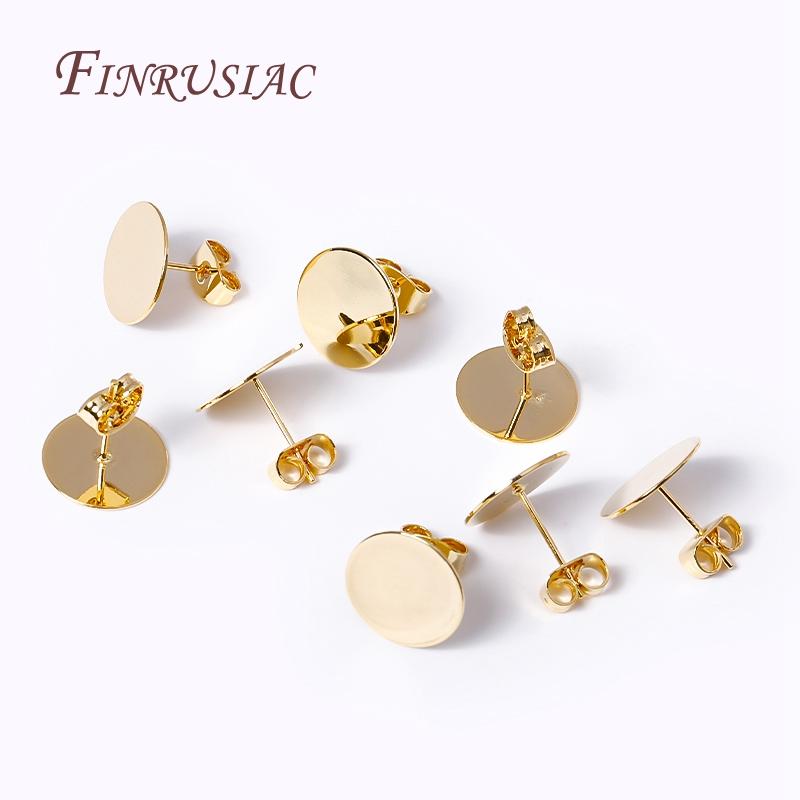 Ear Post with 8/10/12MM Pad 18K Gold-Plated Brass Metal Blank Post Earring Studs Base Pins DIY Earring Jewelry Making Findings