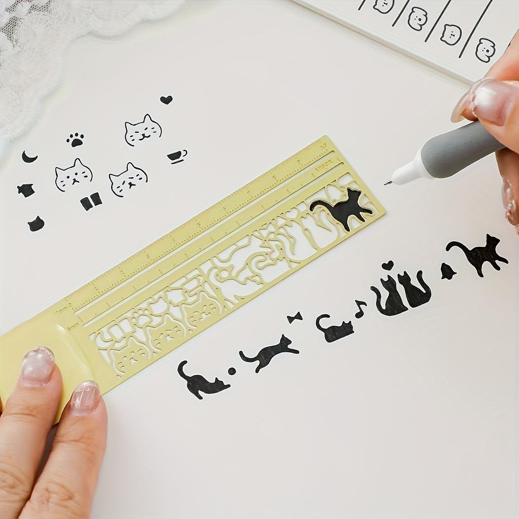 Cat-Shaped Stencil Ruler & Bookmark - Double-Sided Hollow-Out Template with Cm/inch Scale for Journaling Scrapbooking
