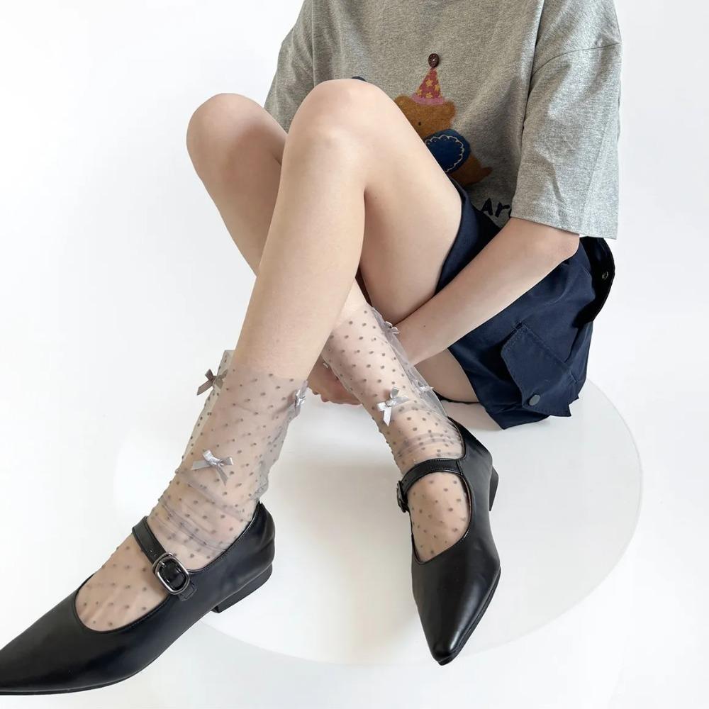 Summer Ultra-thin Transparent Polka Dot Women Socks Mesh Lace Women Socks Cute Bow JK Sweet Girls Lolita Kawaii Loose Long Socks