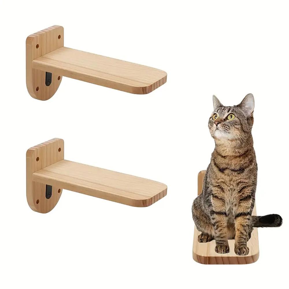 Set of 3 Natural Wood Cat Wall Floating Steps Ladder Stairs Wall Mounted Wooden Cat Furnitures Climbing Shelves and Perches