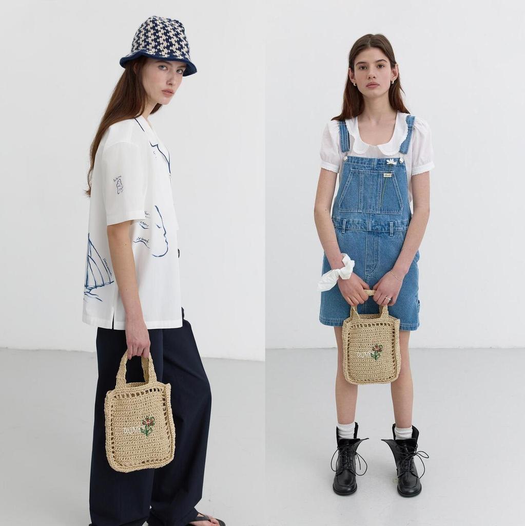 Dunst Hand Drawing Bloom Mini Bag — Handmade Paper Yarn Mini Tote with Floral Embroidery | Korean Designer | Navy / Natural Cream