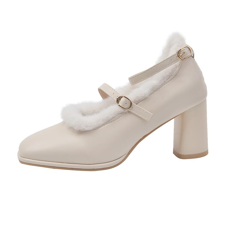 High heels women's new mink hair French thick heel fairy style word with Mary Jane women's shoes retro square head single shoes