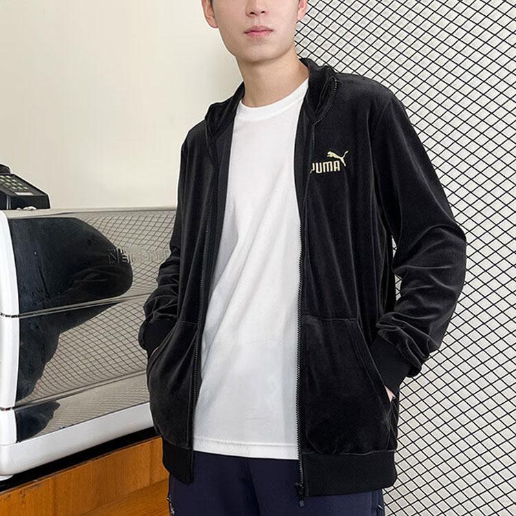 Puma Color Block Logo Print Hooded Long Sleeve Fleece Jacket Men jackets Black 680142-01