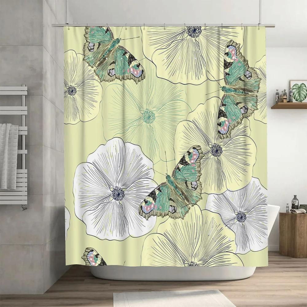 Decorative Flower Butterfly Shower Curtain Fabric Customizable for Bathroom Decor White Floral Print in with Hooks