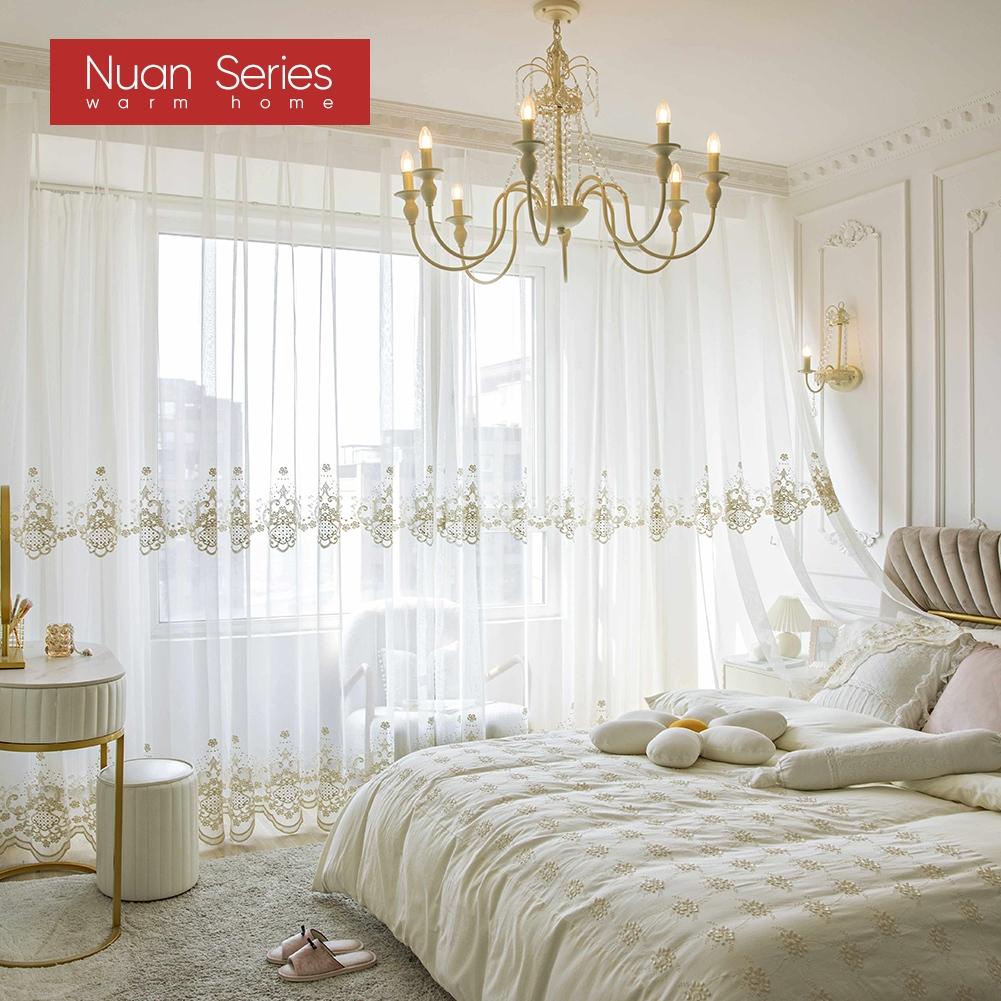 1PC Nuan Series French Style Gold Thread Embroidered Sheer Curtain Romantic Style Luxury Tulle for Living Room Bedroom Balcony Window Home Decor