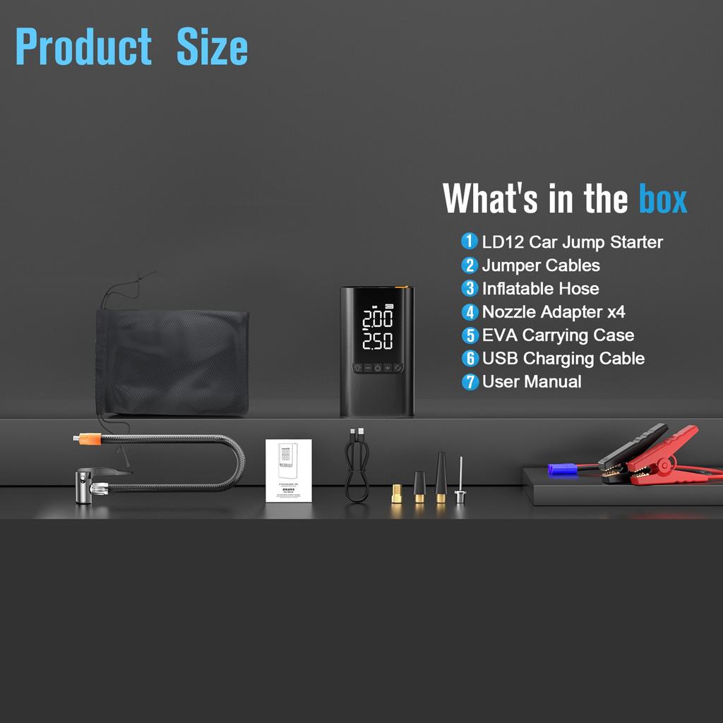 Auto Starthilfe mit Luftpumpe, 12V Notfall Batterie Überbrückungspack, Digitaler Reifenfüller für Autos,
