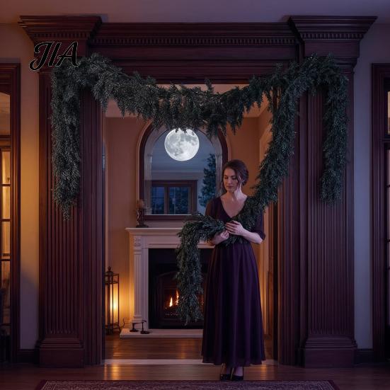 Waterproof Outdoor Halloween Props Black Garland, Spooky Artificial Cedar Vine for Mantel Fireplace, Realistic Dark Aesthetic Fireplace Mantle
