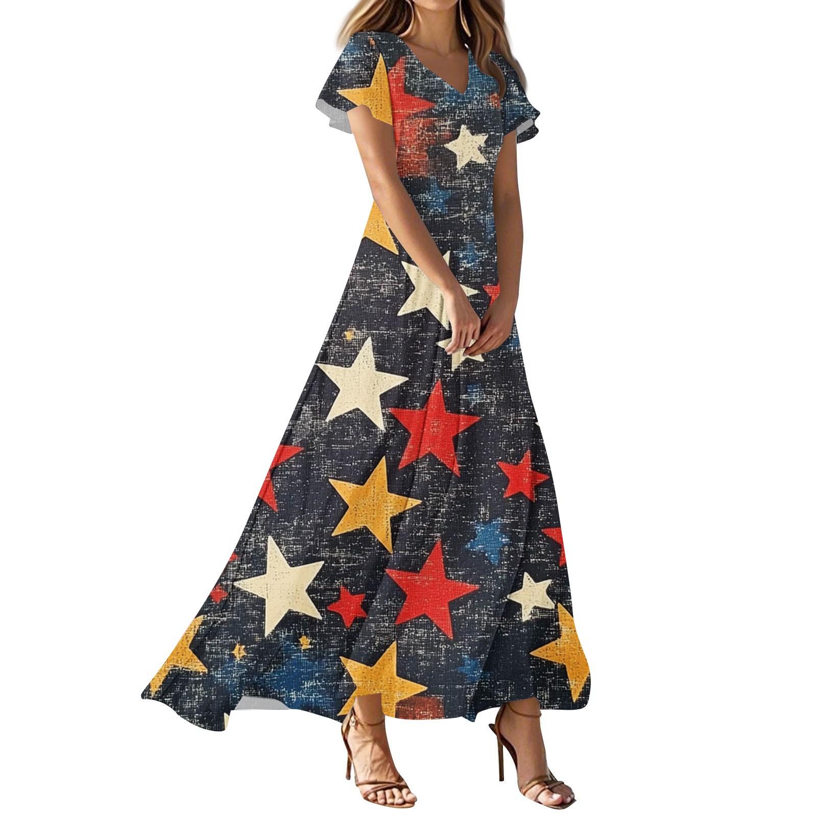 

Женские повседневные модные платья с принтом ко Дню независимости, платья с коротким рукавом и V-образным вырезом XXL тёмно-синий