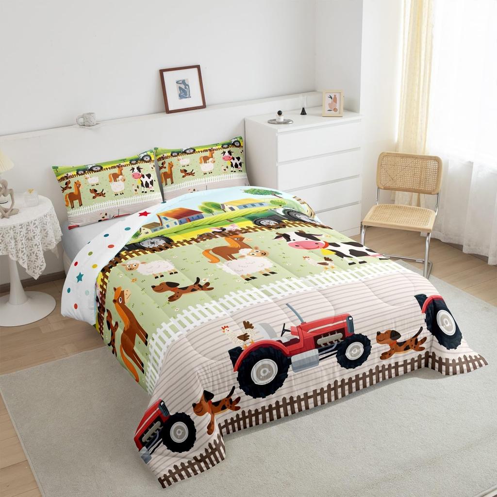 Tractor Bedding Sets for Boys Twin Size Toddler Kids Cute Cartoon Farm Animals Comforter Set Girls Children Farmhouse Country Down Comforter