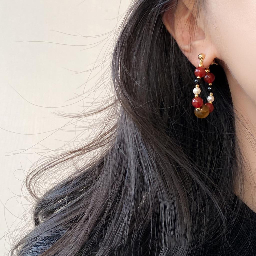 Vintage Maillard Tiger's Eye Beaded Pearl Stud Earrings Personality Earrings Women