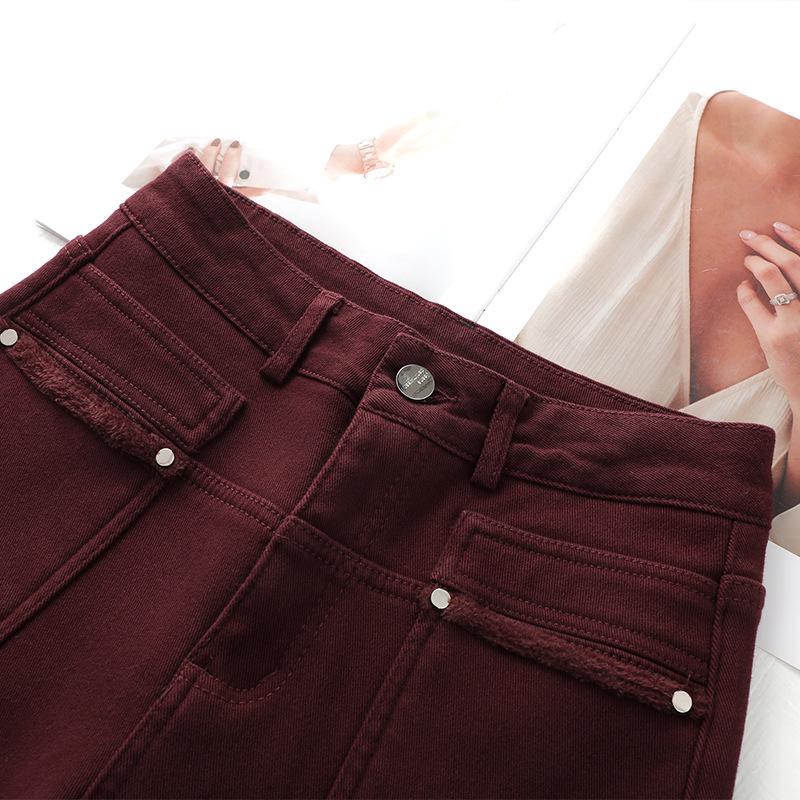 Ancola Women's 2024 Red Fleece-Lined High-Waisted Wide-Leg Jeans - Autumn/Winter Retro Style