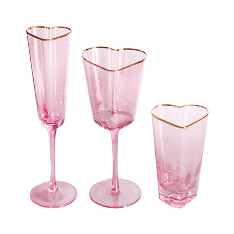 Hammered Pink Gold Rim Heart-shaped Glassware Set: Red Wine, Champagne Flute, Juice, European High-stem Glasses