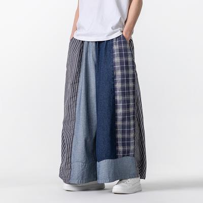 Pantalon Hanfu à carreaux pour hommes, jeans patchwork, style hip-hop, streetwear, en denim, jambes larges, style chinois, jupe ample, 2025