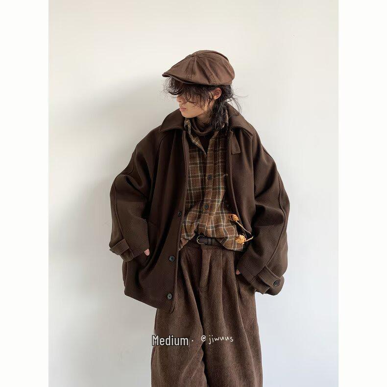 Unisex Retro Japanese Woolen Coat - Single-Breasted, Loose Fit, Raglan Sleeve