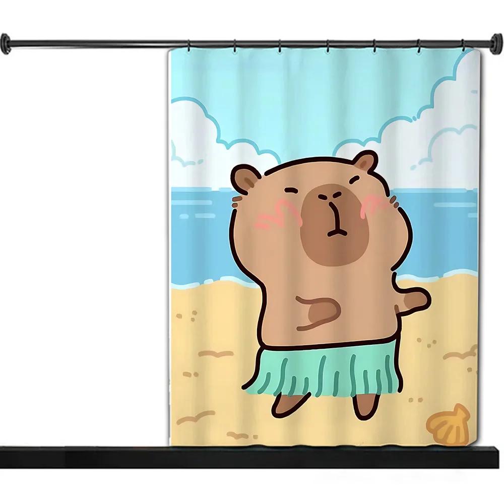 Tenda da Doccia Impermeabile Tessuto in Poliestere Pittura Colorata Tende da Bagno Kawaii Capibara Arredamento Bagno Casa Con Ganci