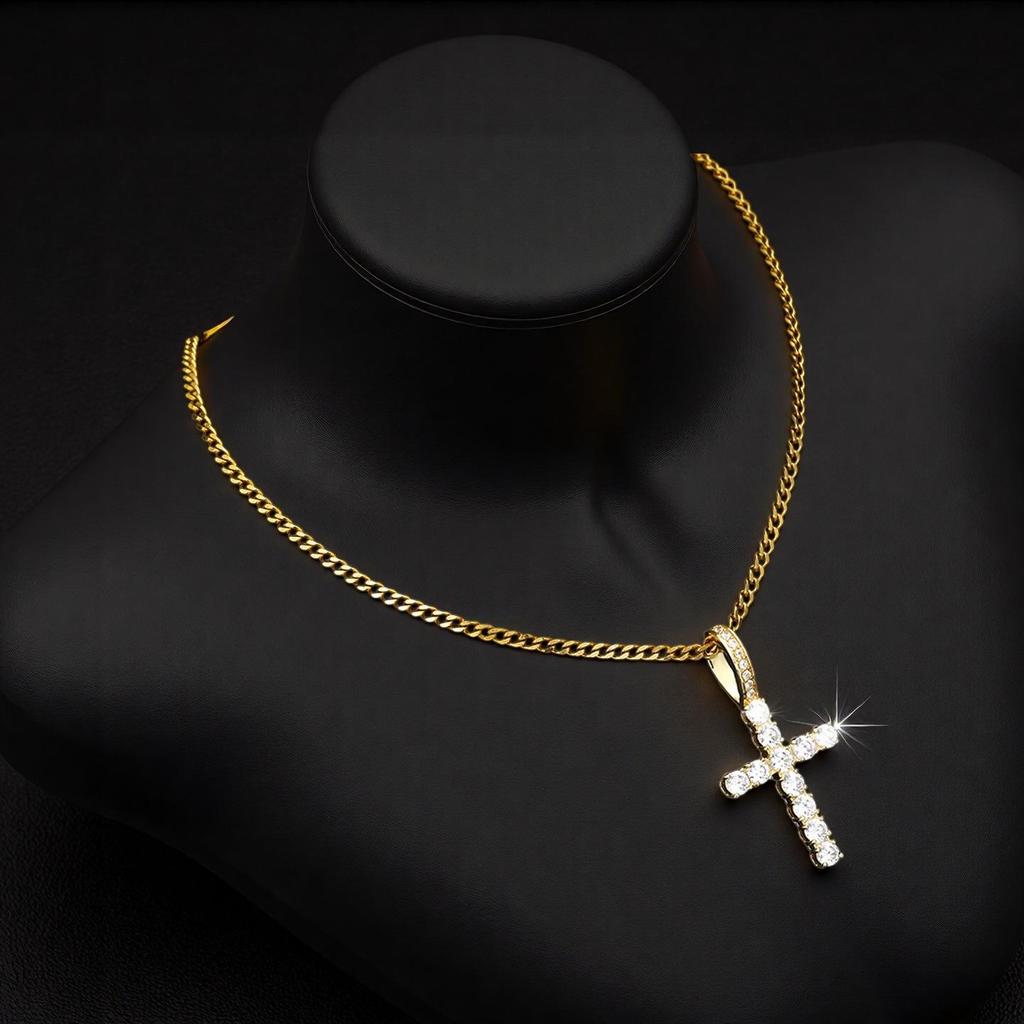 Unisex Hip Hop Copper Pendant with Inlaid Zirconia Cross Necklace