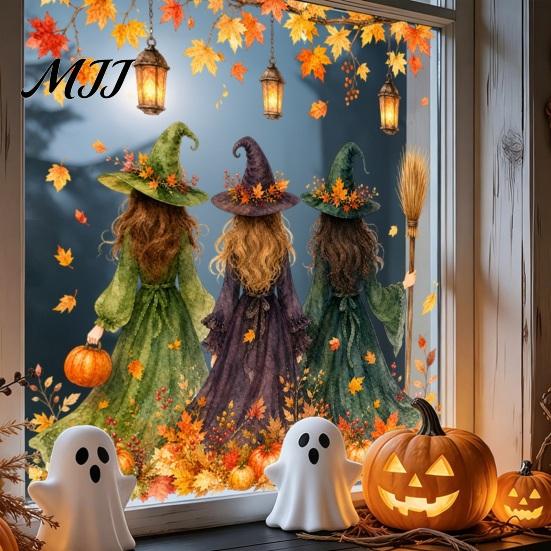 Gift for Halloween Party Setup Window Static Sticker, Castle/Bat/Pumpkin/Bouquet Printed, PVC Waterproof Removable Decorative Clings Decals