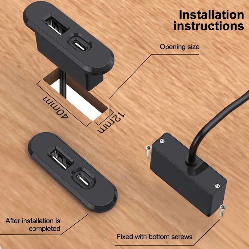 Table Hidden Power Sockets USB+Type-C Outlet Embedded Power Bedside Table Office Desktop with 1.2M Extension Cord Black Socket