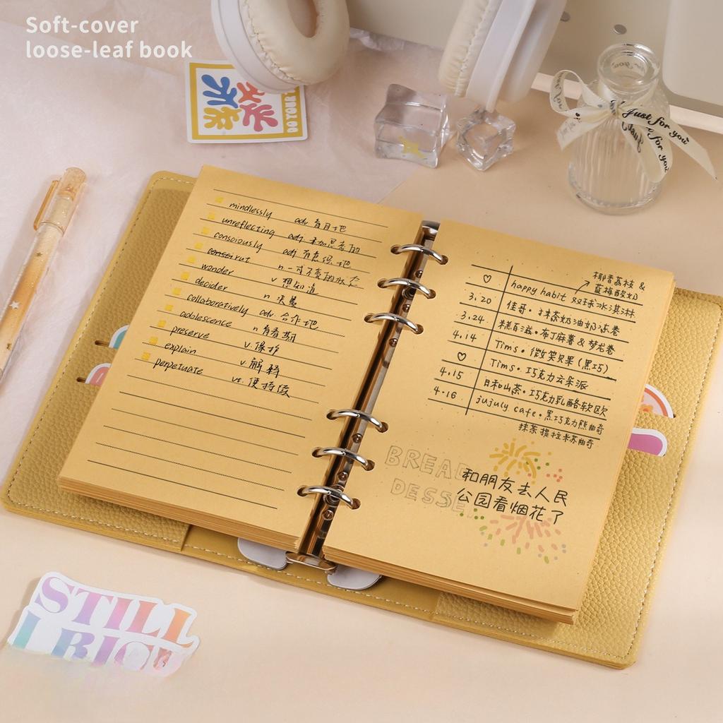 A6 Soft Pu Binder PU Clip-on Notebook Leather Loose Leaf Notebook Cover with Craft Line Notebooks Journal Stationery