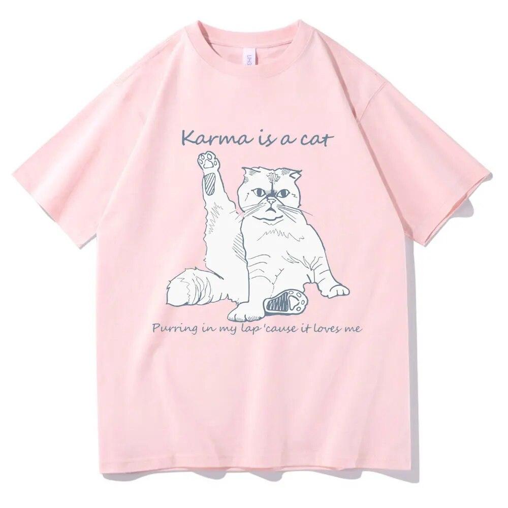 Karma Is A Cat T-skjorte med grafisk trykk Unisex kvinner Uformell Søte T-skjorter i bomull Overdimensjonerte par Kortermet Streetwear-gaver