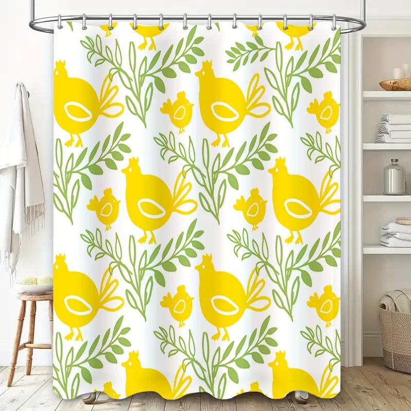 Yellow Green Bird Flower Shower Curtain Modern Bathroom Decor Set Includes Hooks (White)
