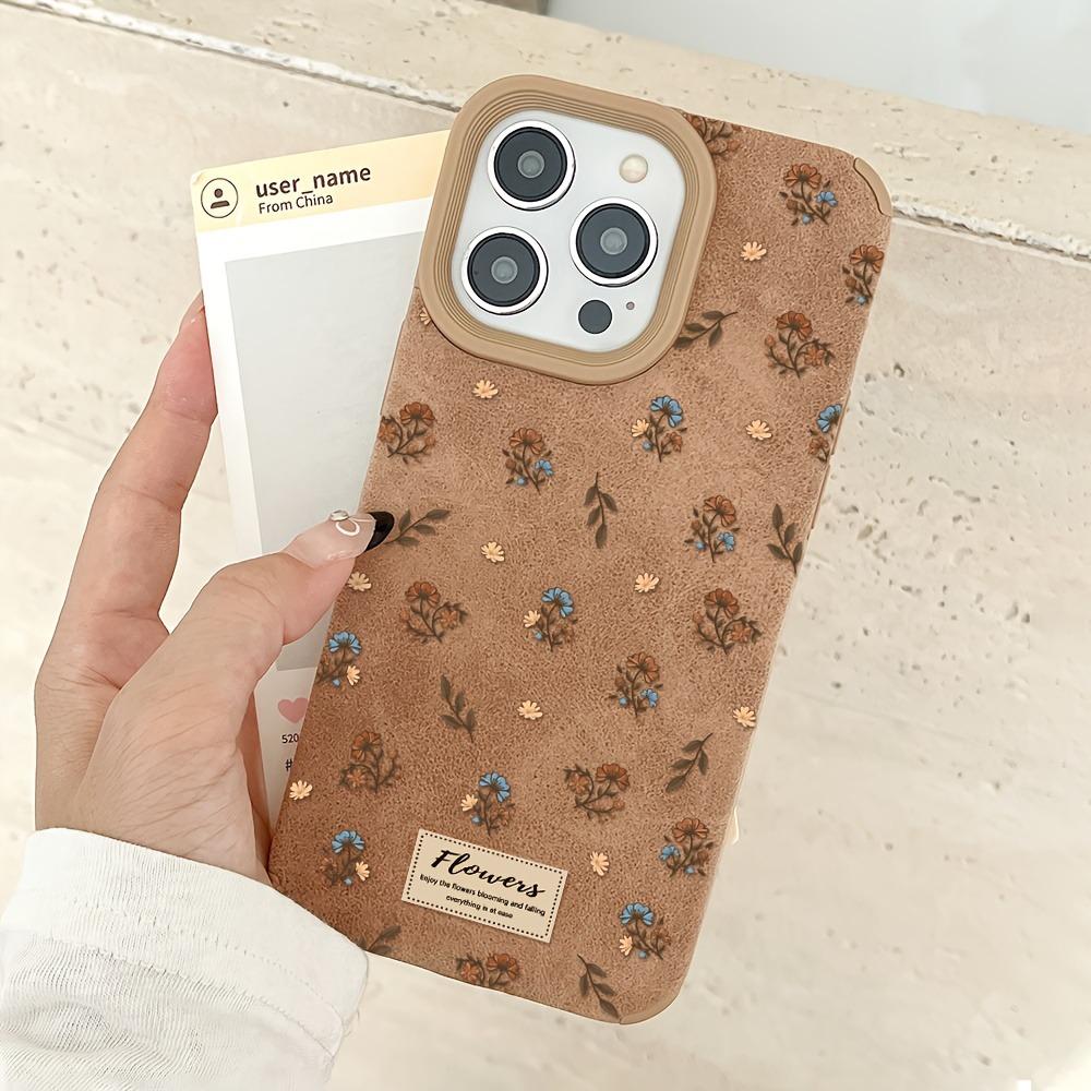 Phone Case For iPhone 17 16 15 14 13 12 11 Pro Max XS XR 16 Plus 17 Air Winter Fashion Retro Brown Faux Fur Floral Design Cover