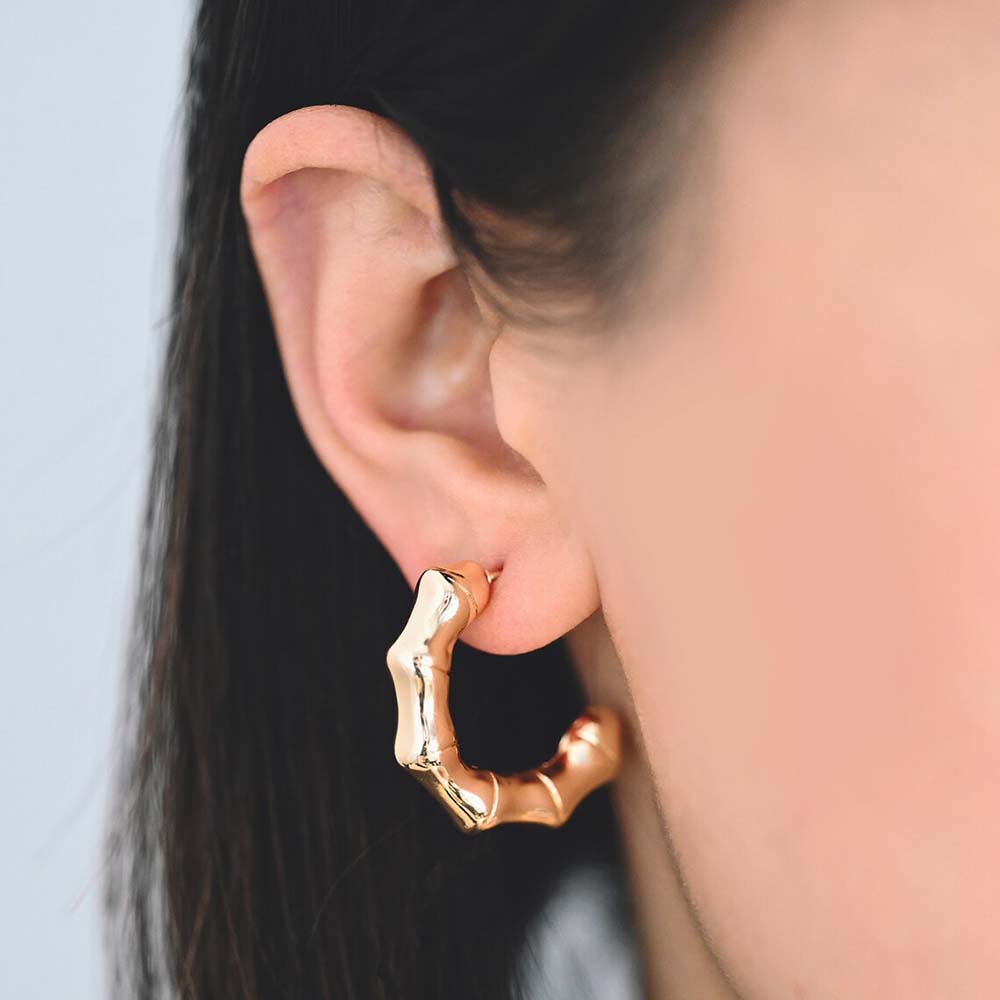 18K Gold Plated Round Bamboo Earrings Hooks Designer Style Circle Huggie Hoop Earring Stainless Steel Vintage Jewelry Party Gift