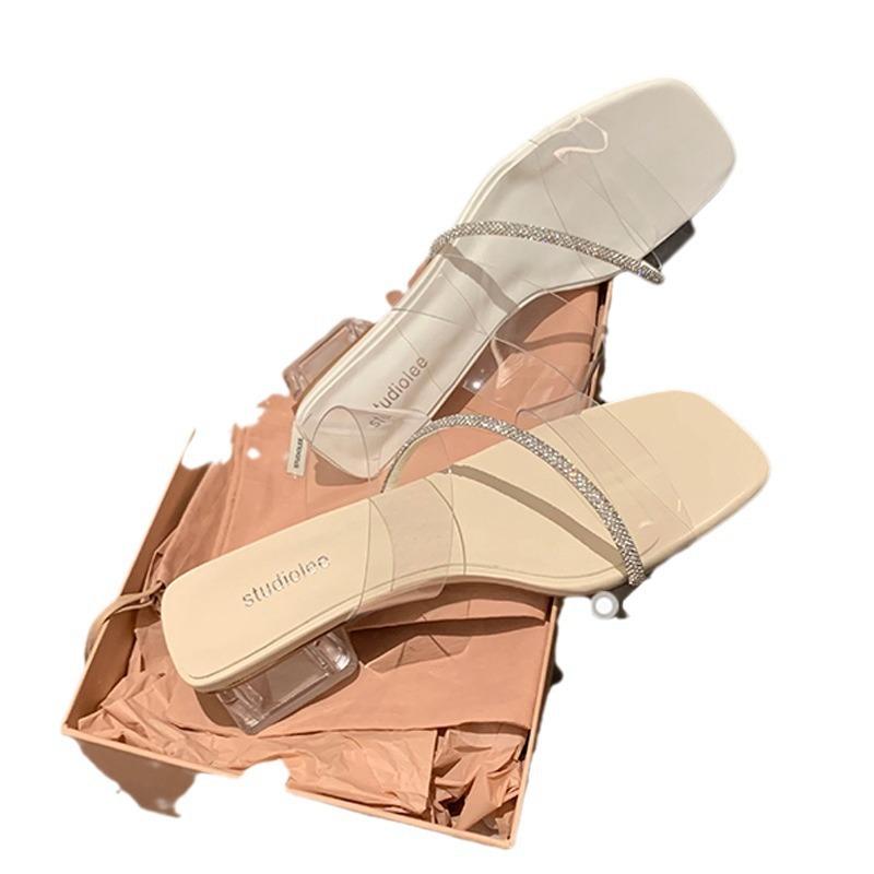 2025 summer new fashion rhinestone PVC transparent sandals square head shows legs long crystal thick heel outer wear cool slippers