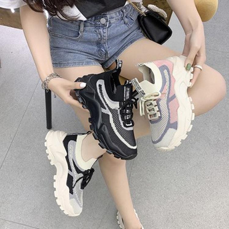 2025 Summer Women's Shoes Fly-woven Breathable Mesh Shoes Korean Version of Trendy Dad Shoes Women's Platform Sports and Leisure Shoes