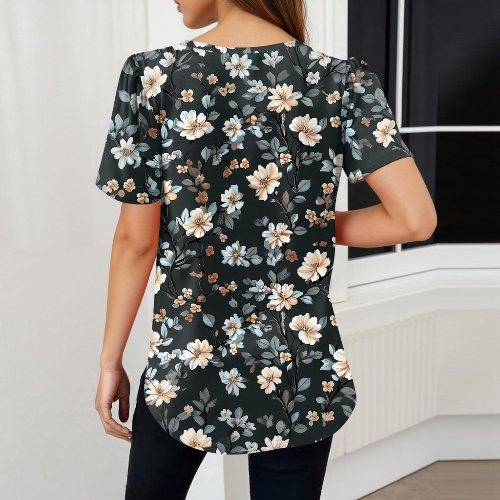 Damska Modna Codzienna Bluzka Pulower z Krótkim Rękawem z Nadrukiem i Dekoltem w Serek