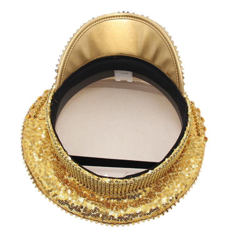 Diamond-Encrusted Bridal Big Cap Flat Top Sequin Cap Gold Diamond Top Hat Female Handmade